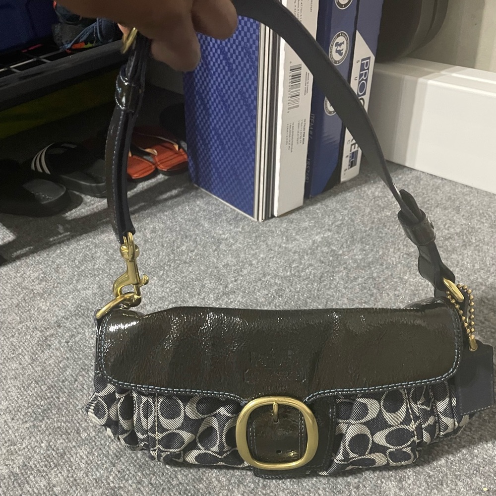 Navy blue patent leather and denim coach bag